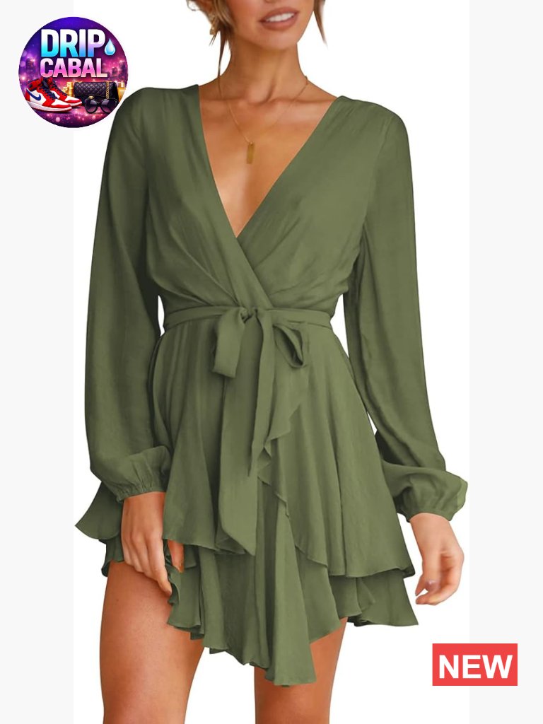 Long Sleeve Deep V-Neck Waist Tie Ruffle Mini Swing Dress